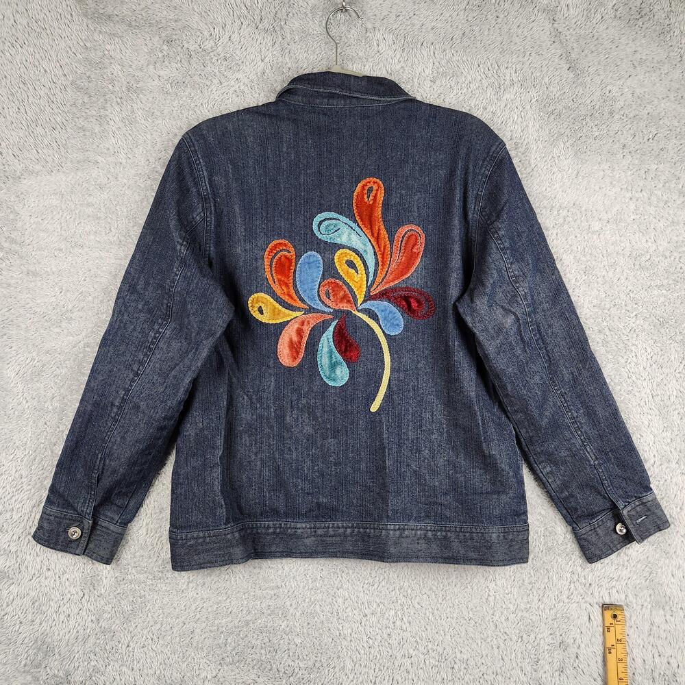 Ios Jacket Womens Medium Blue Denim Embroidered Beaded Floral Velvet Applique